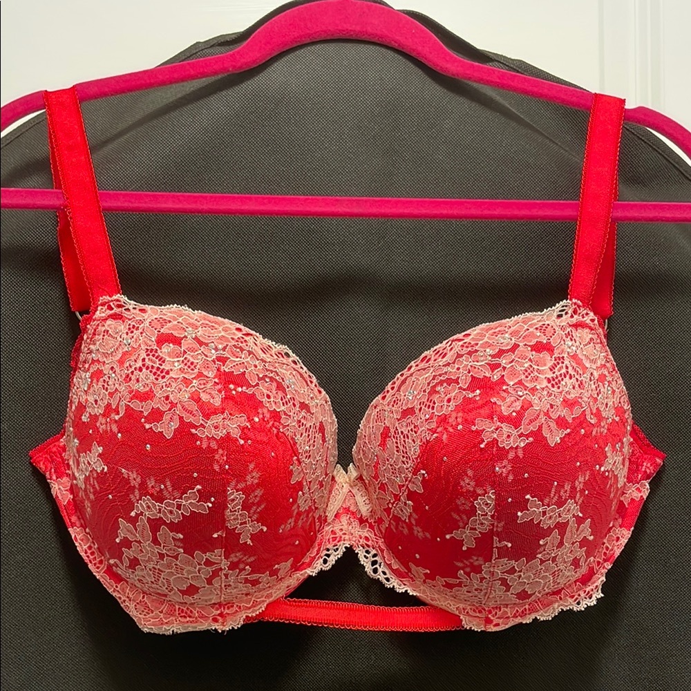 Red Lace Bra with Floral Design